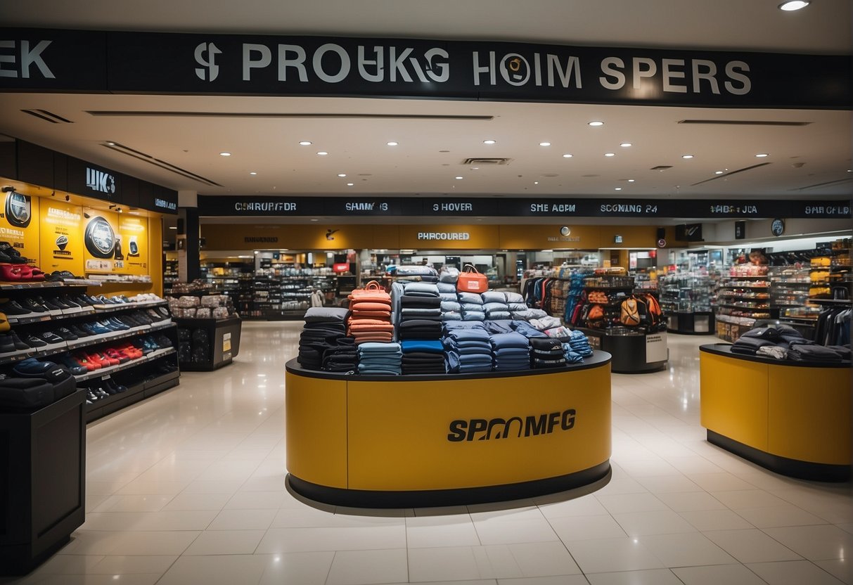 A crowded store with large promotional banners and shelves of sporting goods in Singapore's Royal Sporting House