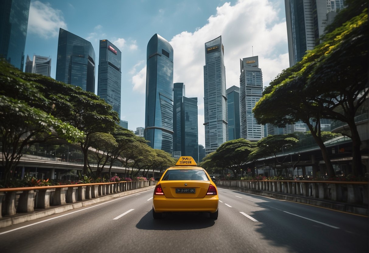 Bright cityscape with iconic Singapore landmarks. Taxis with promotional banners drive through busy streets. Text highlights 2024 rental deals