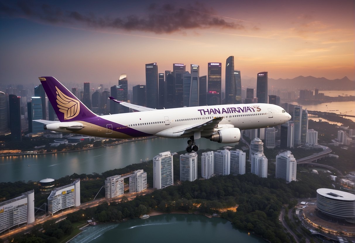 A Thai Airways plane flying over the iconic skyline of Singapore, with a promotional banner displayed on its side