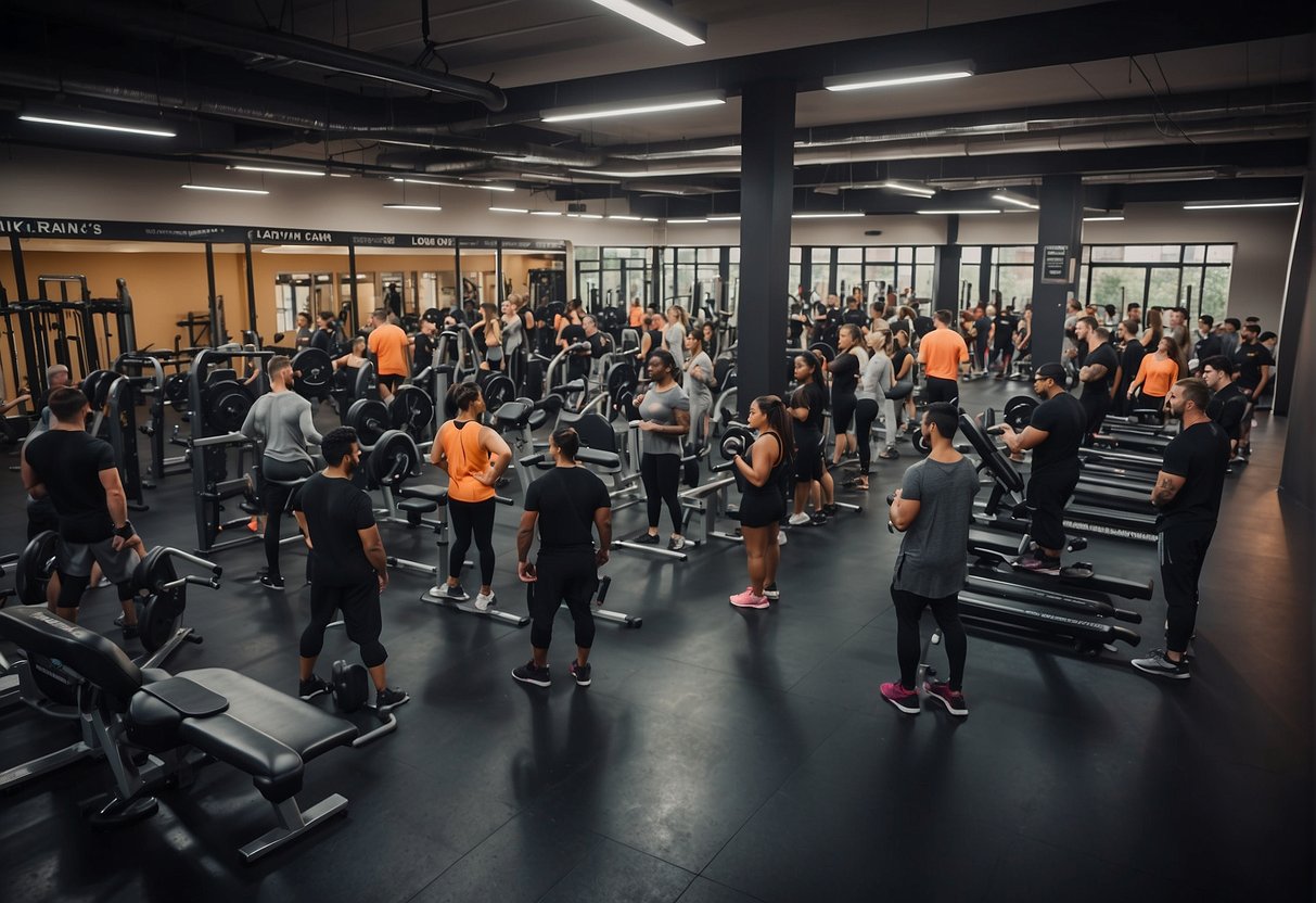 A crowded gym with promotional banners and flyers displayed. People chatting with staff, checking out equipment, and signing up for memberships