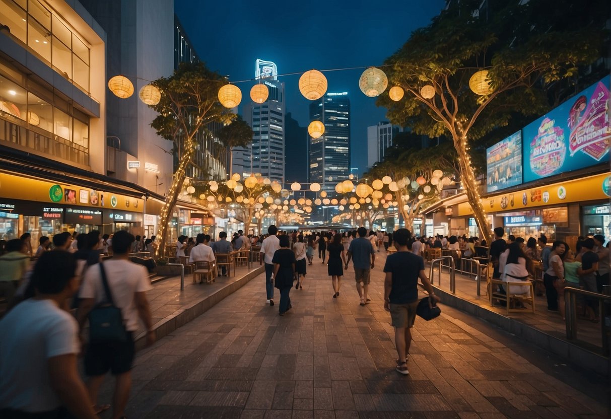 A bustling city street in Singapore, with bright lights, colorful signs, and a lively atmosphere, showcasing the energy and excitement of Midas Promotions