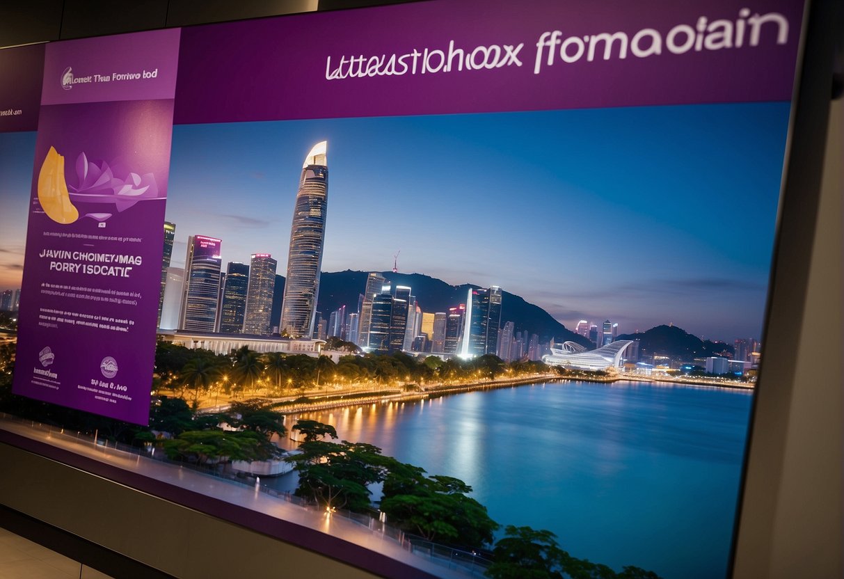 A colorful poster displaying "Latest Promotions" for Thai Airways in Singapore. Bold text and images of travel destinations