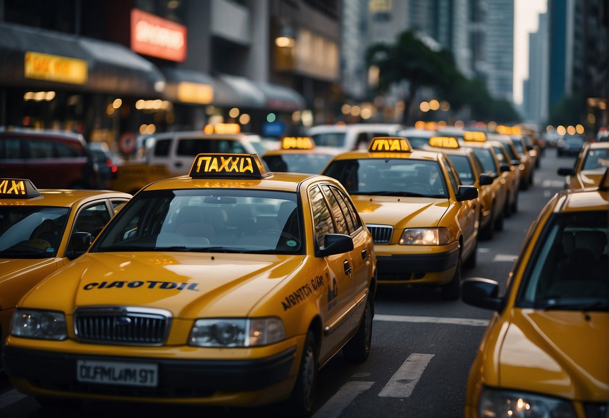 A group of taxis with ComfortDelGro Family branding, displaying rental promotions, parked in a row in a busy Singapore street