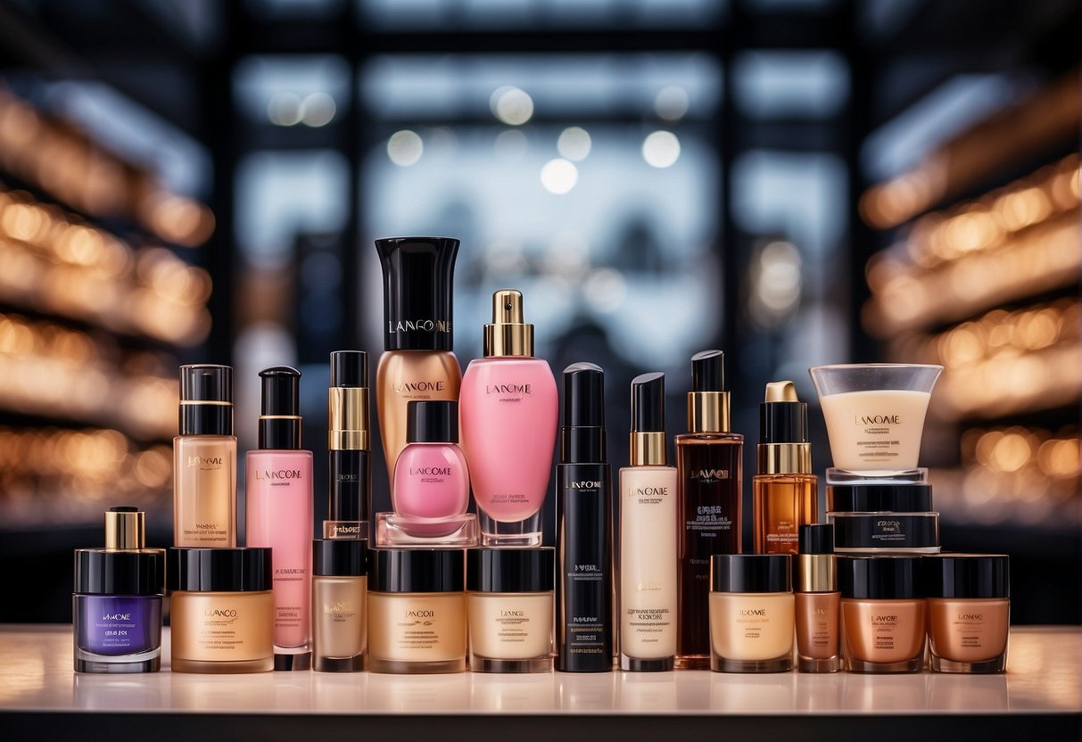 A vibrant display of Lancome products in a Singaporean retail setting, with attention-grabbing promotional materials and elegant packaging