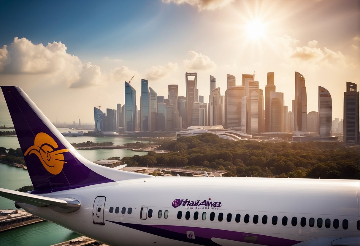 Passengers booking tickets with Thai Airways in Singapore, enjoying great savings. Airplane flying over iconic landmarks. Sun shining in the sky