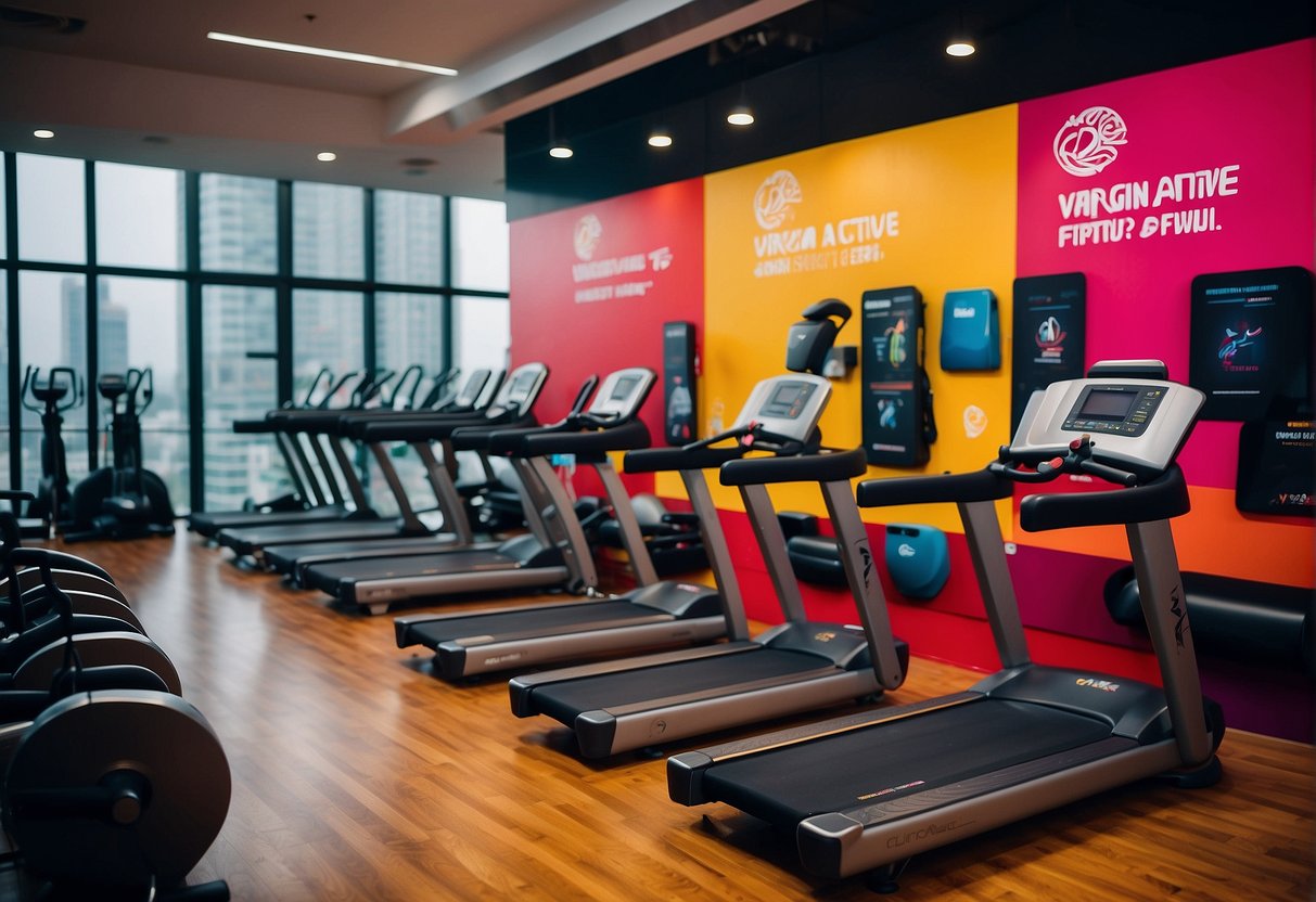 A vibrant gym with people exercising, colorful banners promoting Virgin Active in Singapore, and modern fitness equipment