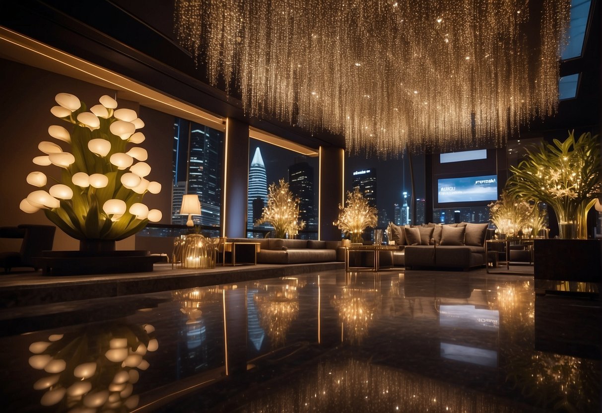 A luxurious display of 2024 exclusive promotions at a sophisticated venue in Singapore. Glowing lights and elegant decor create an atmosphere of opulence