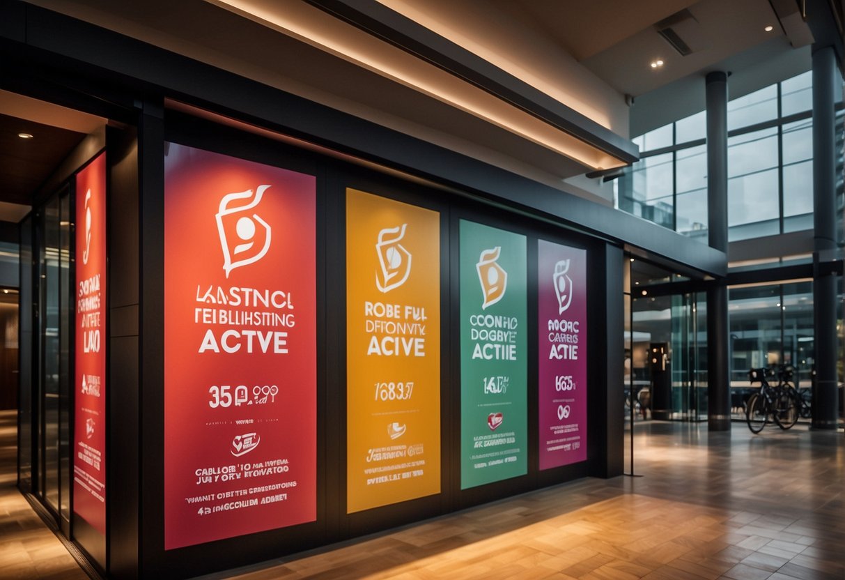 Colorful banners and signs adorn the entrance of Virgin Active Clubs, showcasing exclusive promotions in Singapore