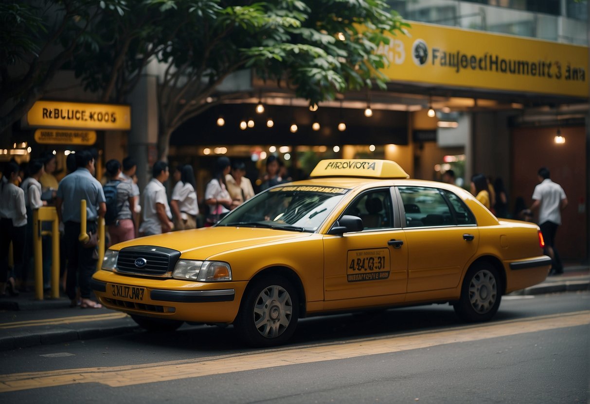 A taxi rental stand with a prominent sign displaying "Frequently Asked Questions" and "Promotions Singapore" in bold lettering. Customers inquiring and staff assisting