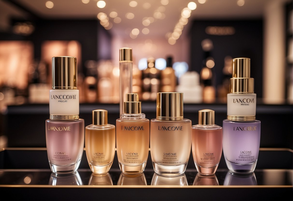 A luxurious display of Lancome products with "Exclusive Promotions 2024" signage in a high-end Singapore store