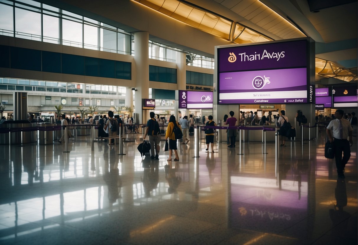 A bustling airport terminal with a prominent Thai Airways promotional booth, surrounded by curious travelers seeking information