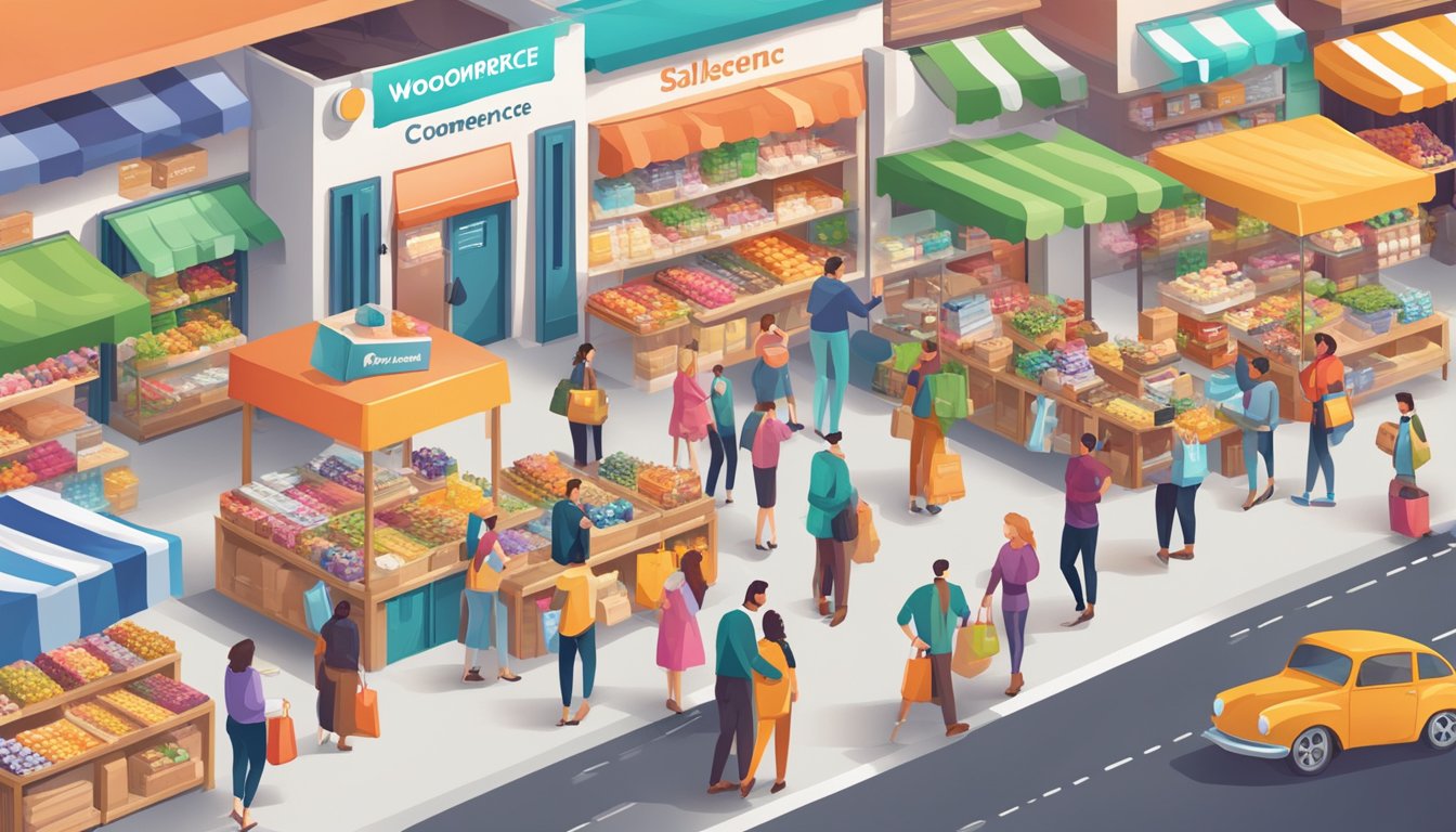 A bustling marketplace with vibrant displays of products and promotional signs, showcasing the optimization for sales and marketing in woocommerce