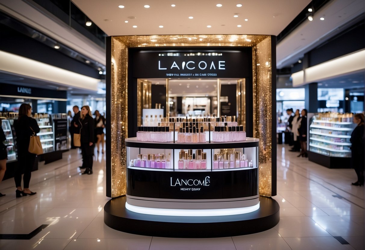 A sparkling Lancome product display with vibrant promotional signage, surrounded by excited customers receiving rewards and engaging with staff