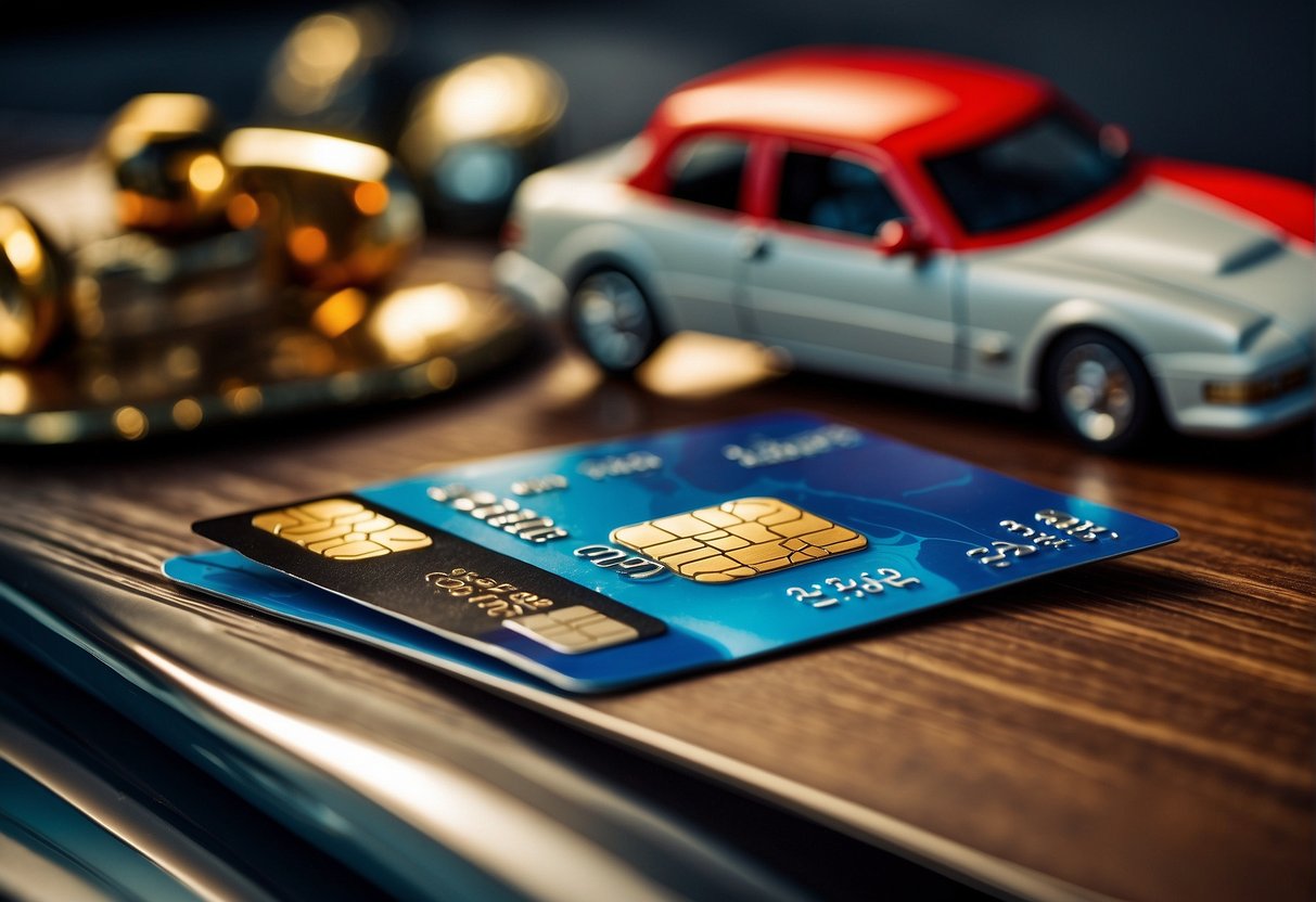 A credit card surrounded by luxury items like a car, vacation, and shopping bags, with the year 2024 prominently displayed