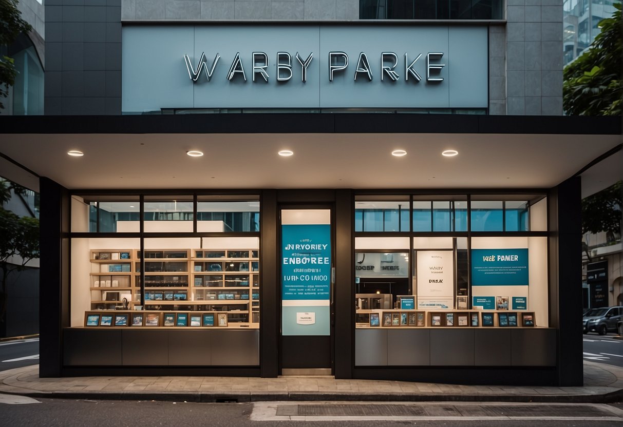 A bustling city street in Singapore with prominent Warby Parker promotions displayed in shop windows and on billboards