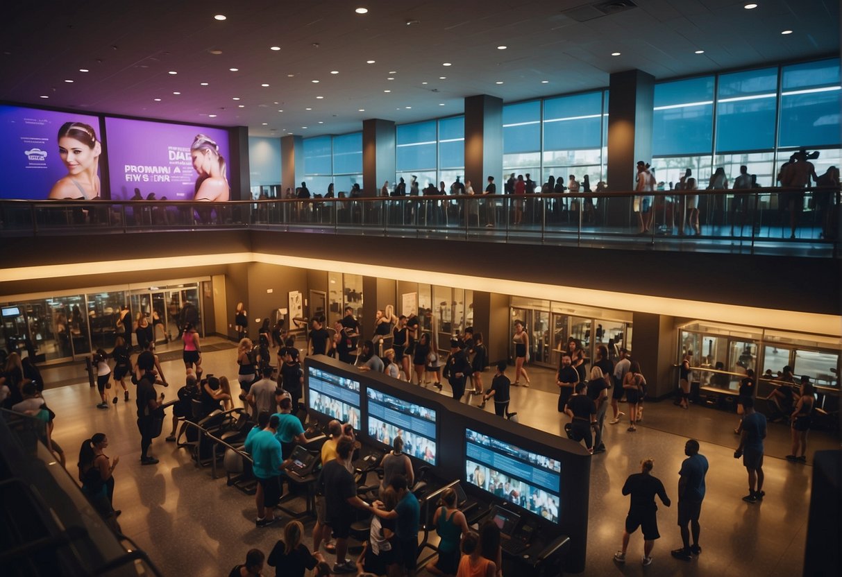 A crowded fitness center with people signing up for promotions at the front desk. Bright lights and colorful posters advertise the deals