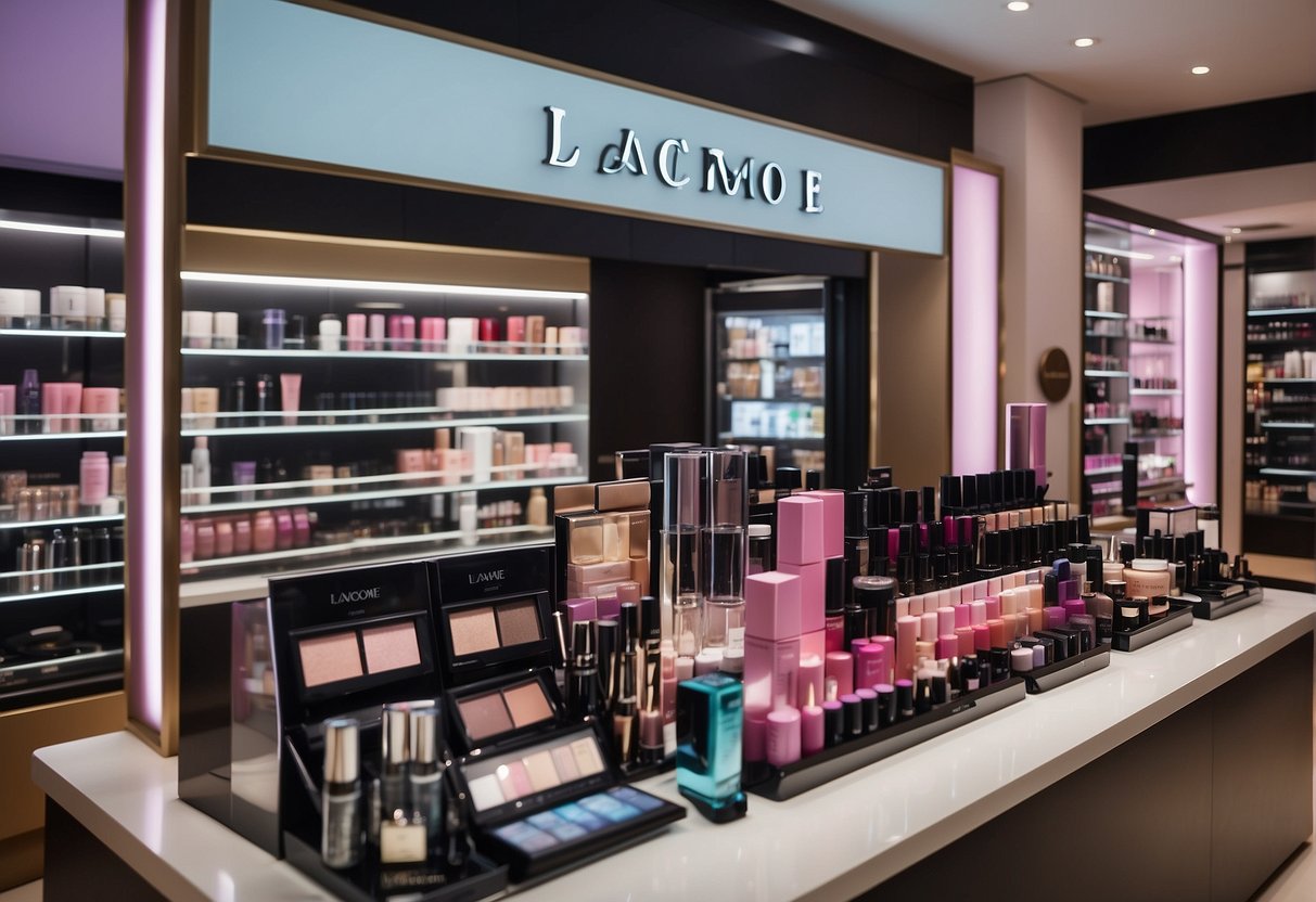 A colorful display of Lancome products with promotional signage in a bustling Singapore beauty store
