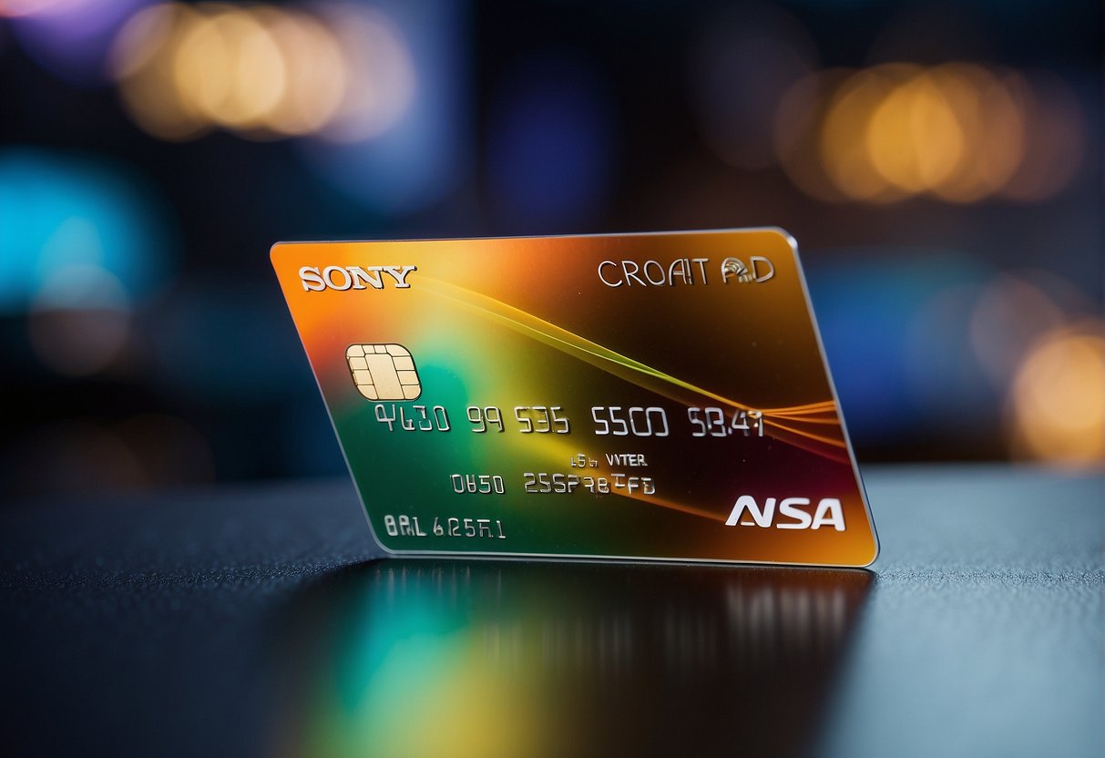 A sleek Sony and Apple credit card displayed with futuristic gadgets and advanced technology. Vibrant colors and modern design create a sense of innovation and luxury