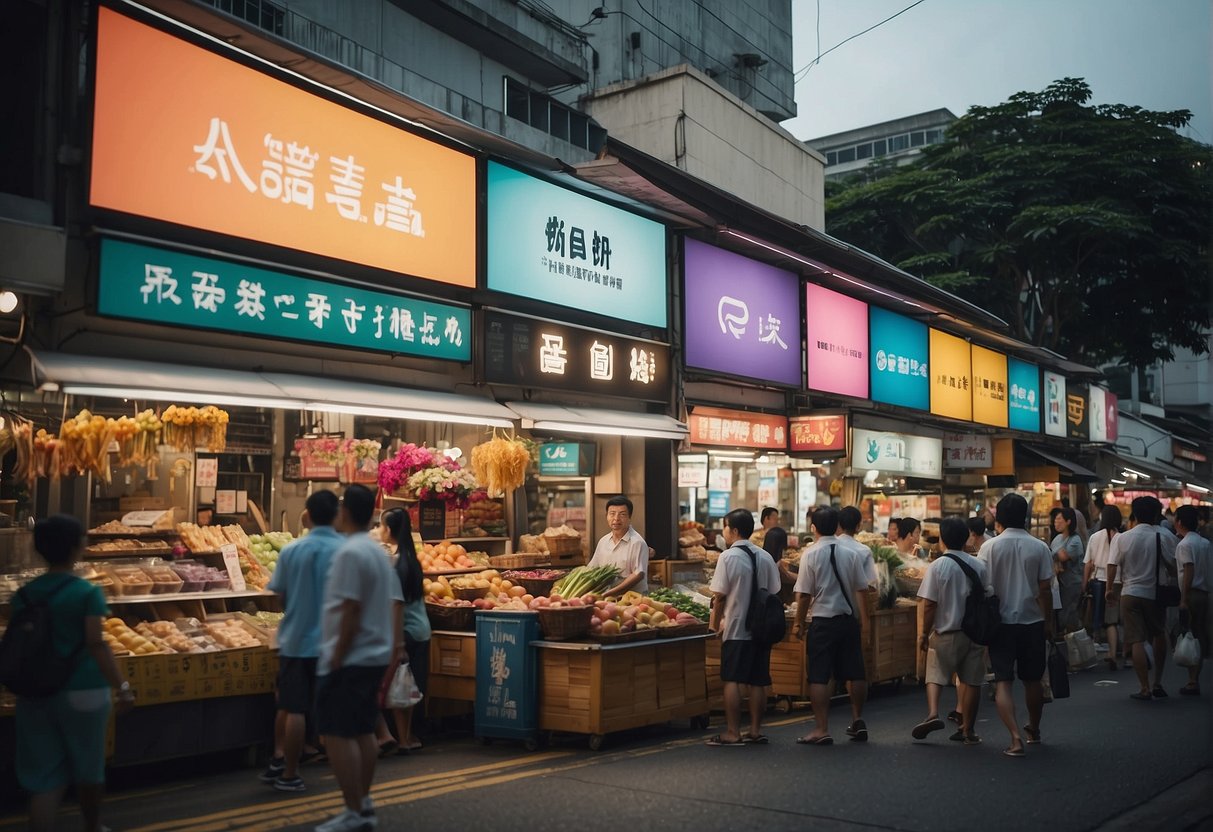 A bustling street in Singapore with colorful banners and signs for Shaw promotions