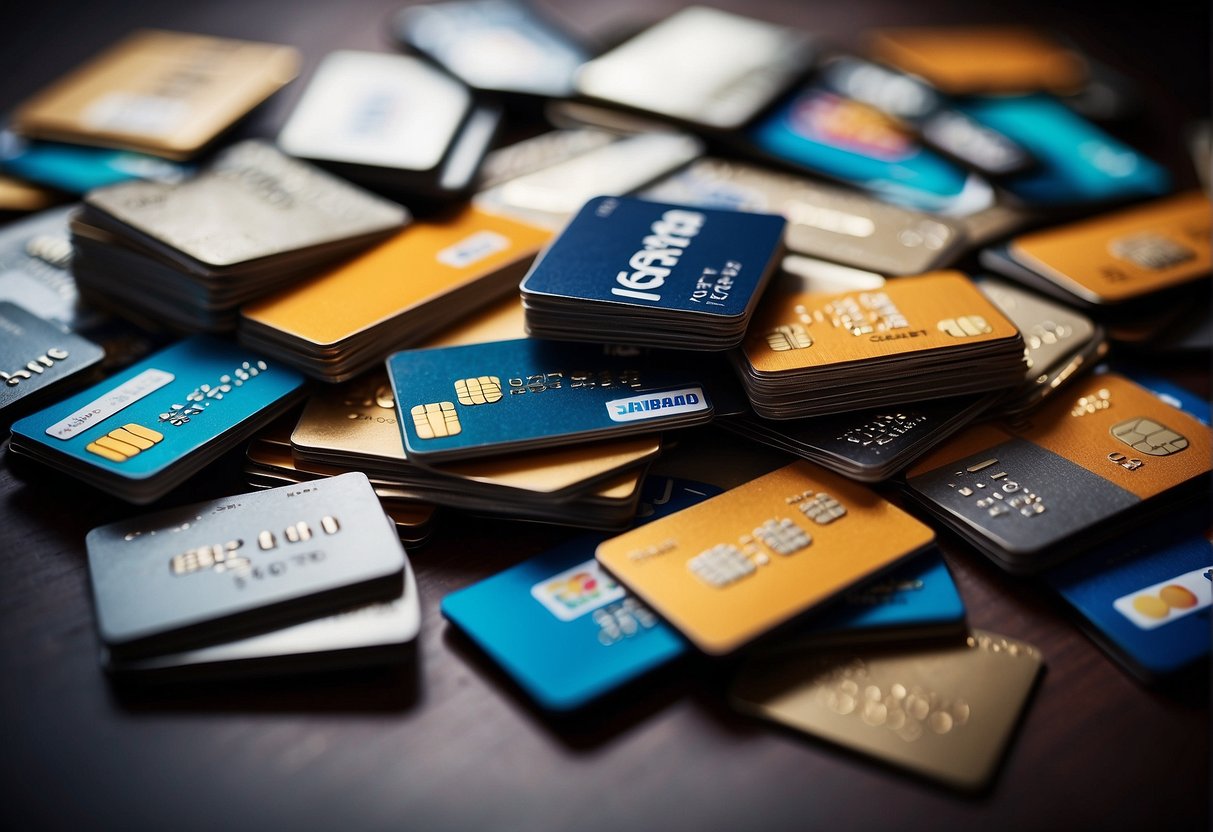 A stack of credit cards with promotional logos, surrounded by question marks and a "Frequently Asked Questions" sign