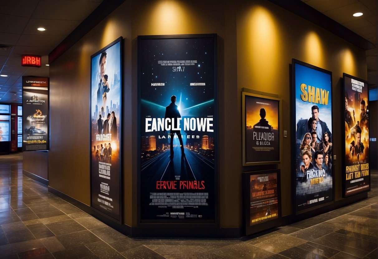 Movie posters and banners displayed at Shaw Theatres with "Exclusive Movie Deals" promotion signage