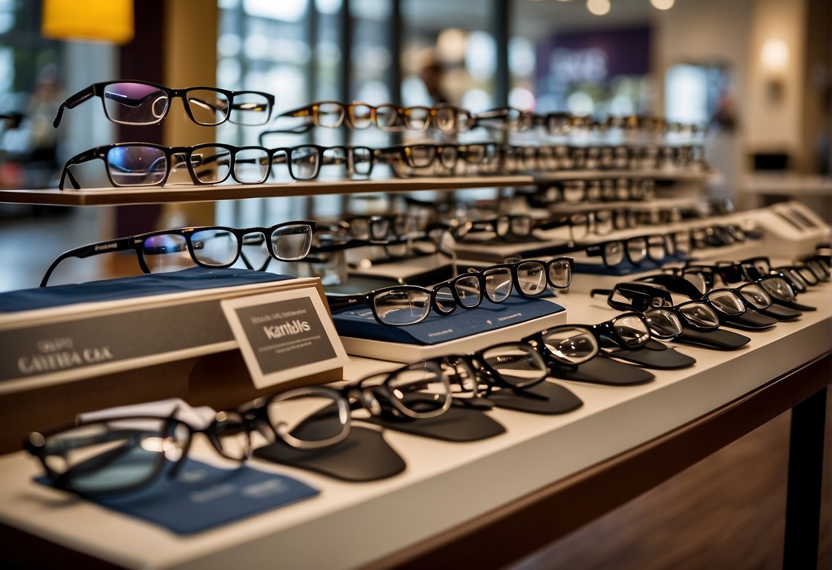 A display table showcases various eyeglasses with promotional signs. A nearby poster advertises discounted eye exams. The store is bustling with customers