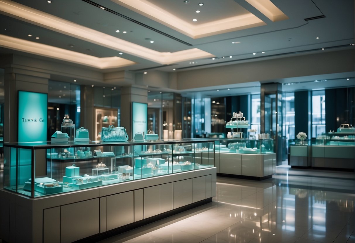 A luxurious display of Tiffany & Co. products at a high-end shopping mall in Singapore, featuring elegant jewelry and accessories