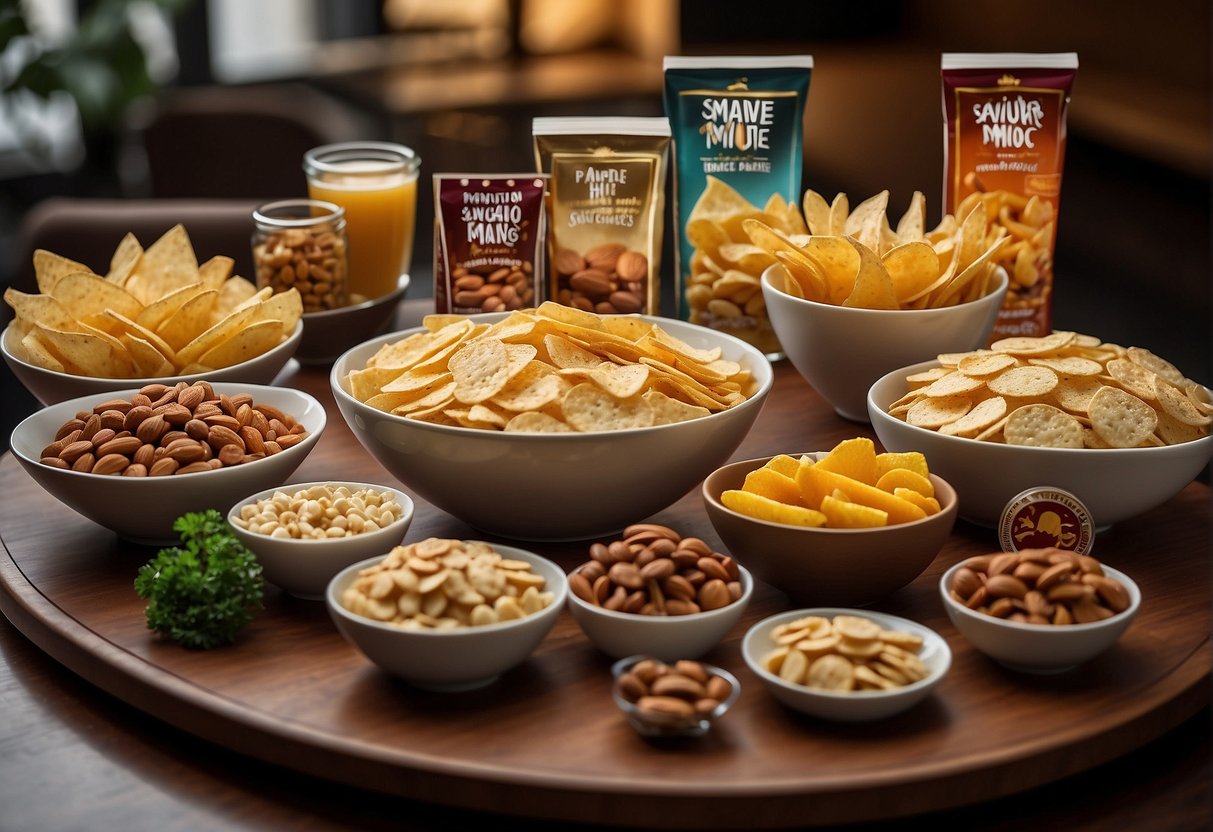 A table set with a variety of snack combos, including chips, dips, and nuts, accompanied by promotional signage for "Savour More with Snack Combos" in Singapore