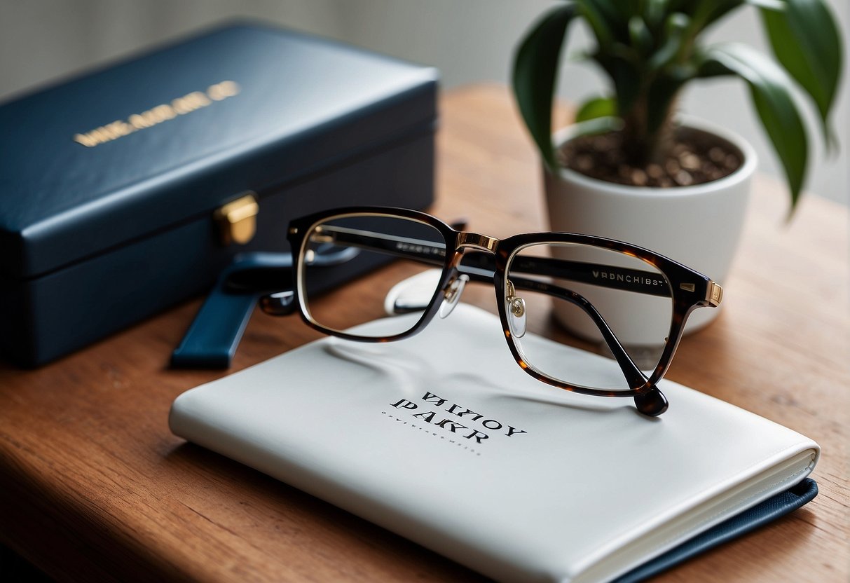 A laptop displaying Warby Parker promotions with a discount code. A pair of stylish eyeglasses and a sleek case are next to it