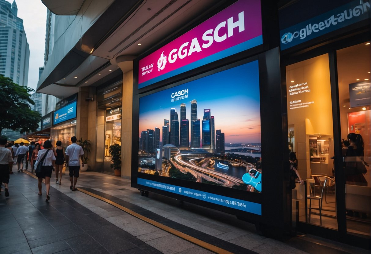 A colorful promotional banner for GCash in the bustling streets of Singapore, with vibrant graphics and enticing offers