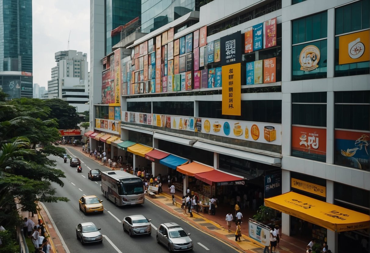 A bustling street in Singapore adorned with colorful banners and signs advertising WhyQ promotions