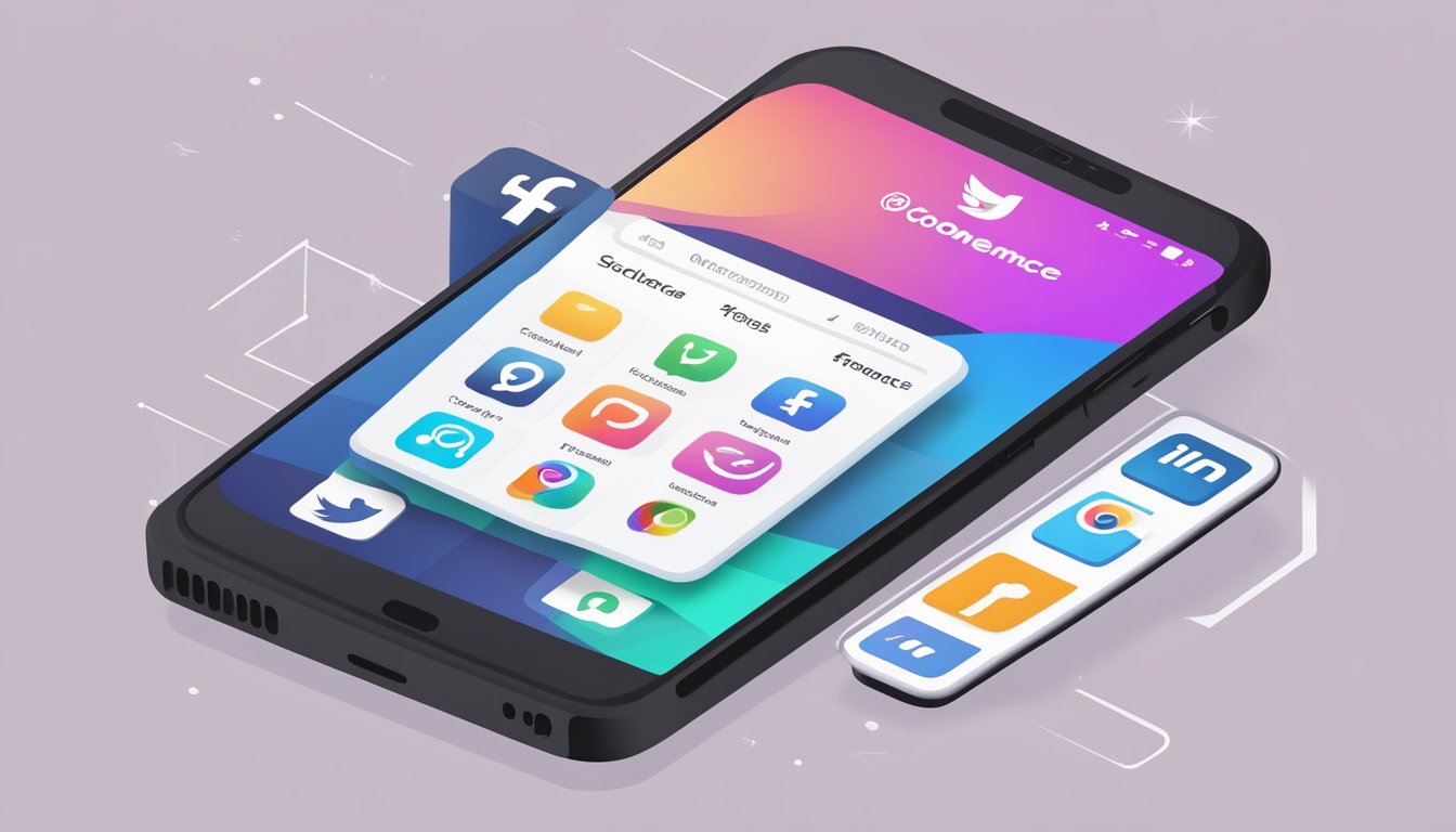 A smartphone displaying a WooCommerce website integrated with social media platforms, with icons of Facebook, Instagram, and Twitter