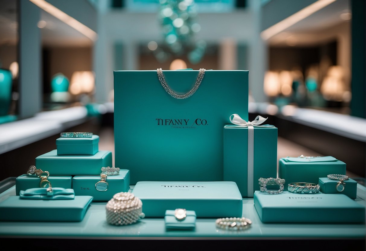 A luxurious display of Tiffany & Co. products at a 2024 promotional event in Singapore. Sparkling jewelry and elegant accessories are showcased in a sophisticated setting
