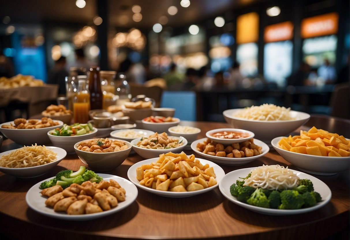 A table filled with delicious food items, surrounded by promotional banners and signs advertising exclusive deals for foodies in Singapore by WhyQ