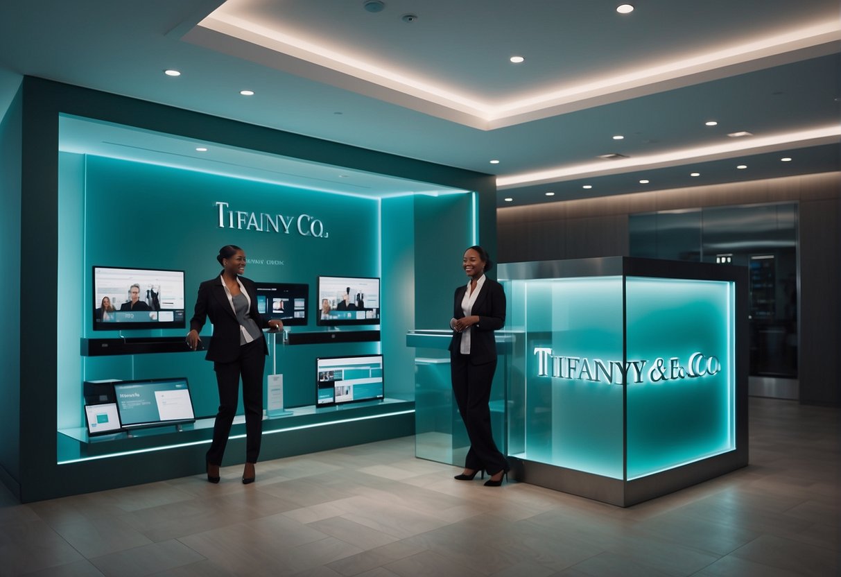 A sleek and modern virtual service center with the Tiffany and Co logo prominently displayed. A customer service representative assists a client with a smile