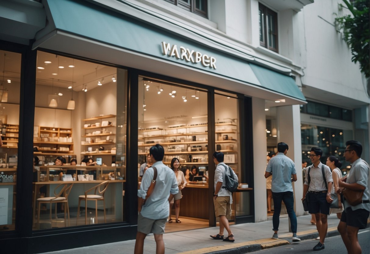 A bustling city street with a prominent Warby Parker storefront, surrounded by excited customers taking advantage of promotions in Singapore