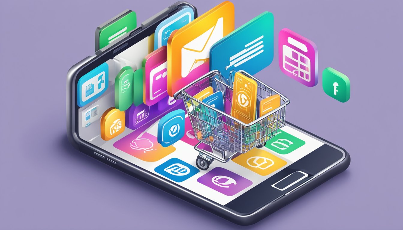 A smartphone displaying a WooCommerce website, with a mobile app icon and a shopping cart symbol, surrounded by various digital payment logos