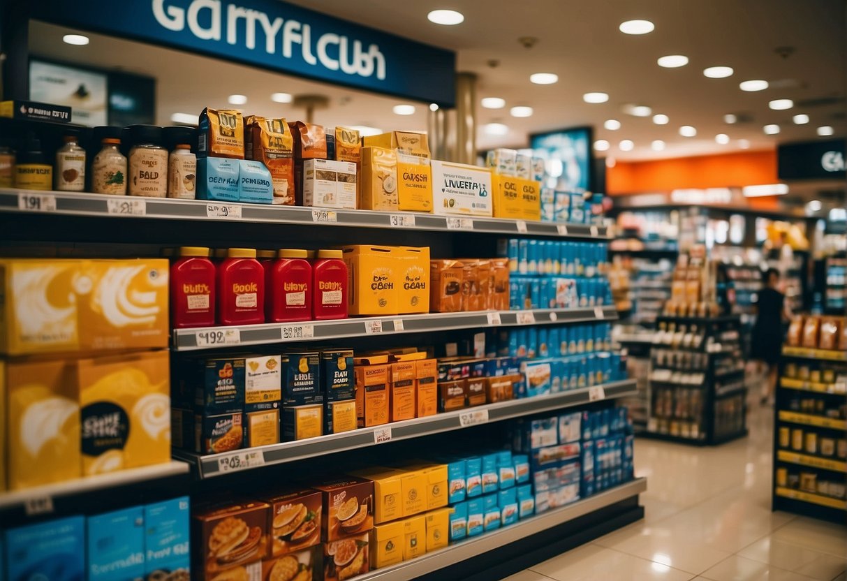 A colorful display of duty-free products at a Shop And Save store, with prominent GCash promotions in Singapore
