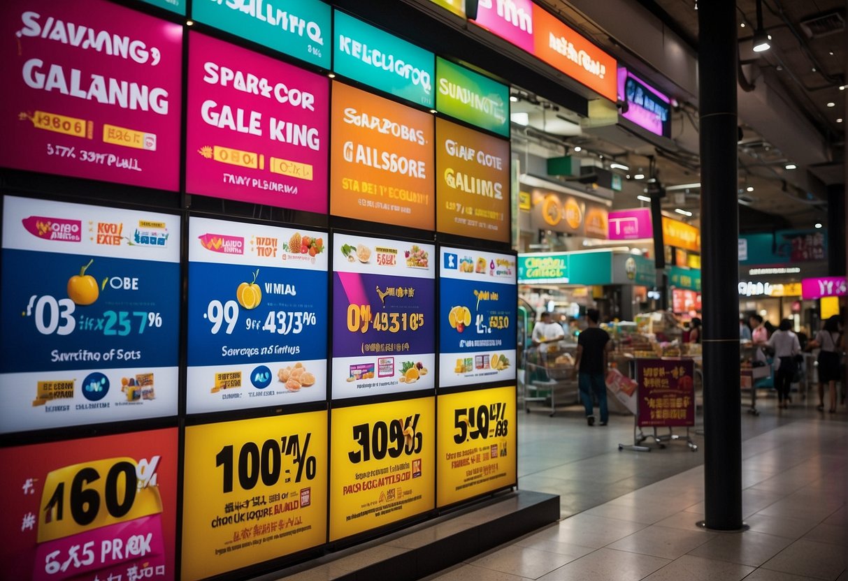 A colorful display of "Savings Galore" promotion signs in Singapore, with eye-catching graphics and bold text, draws attention to the exciting deals offered by WhyQ