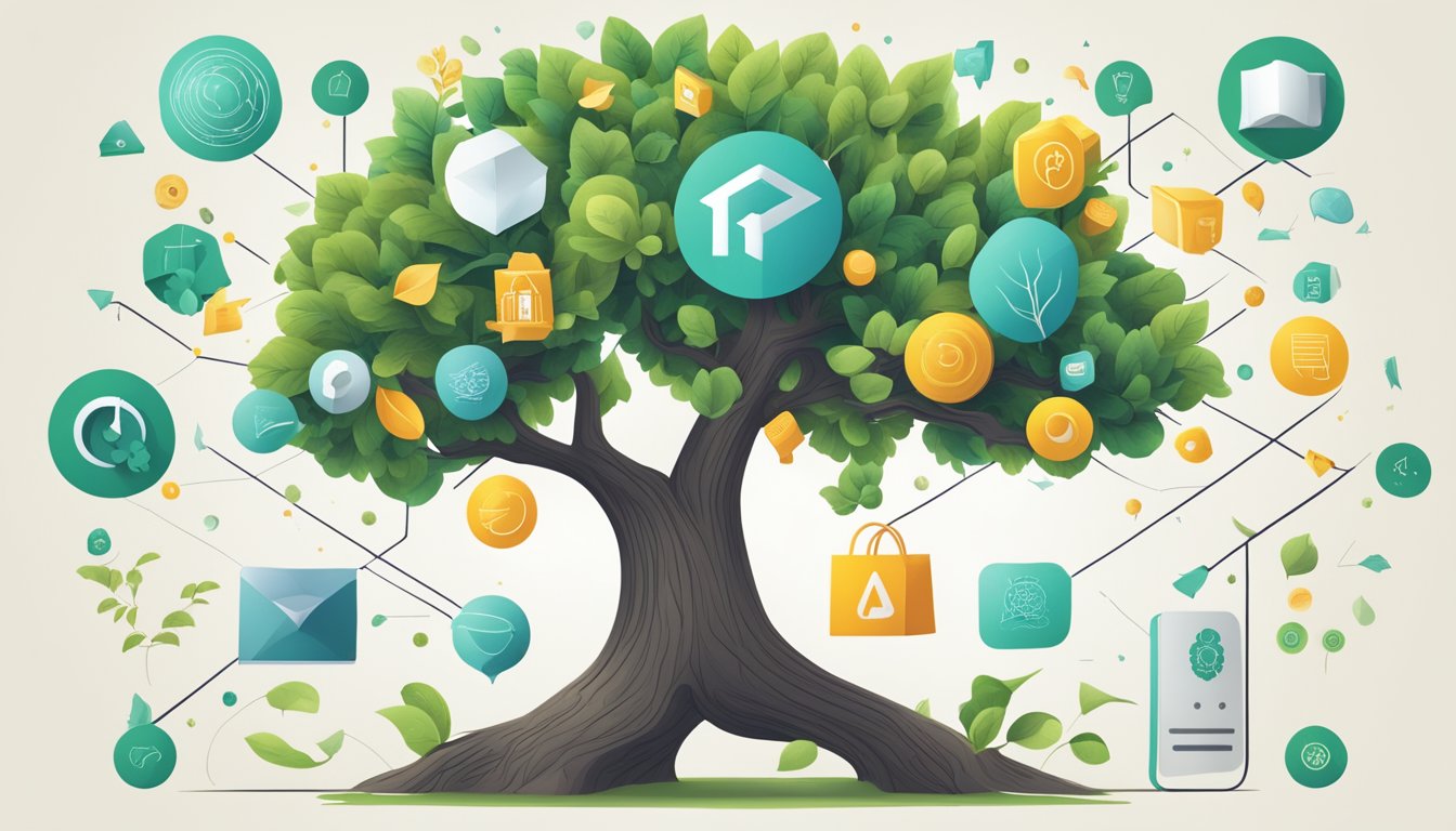 A growing tree with scalable branches, surrounded by WooCommerce icons and symbols