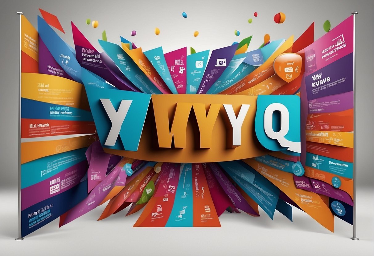 A colorful banner with "Frequently Asked Questions" and "whyq promotions singapore" text, surrounded by question marks and promotional icons