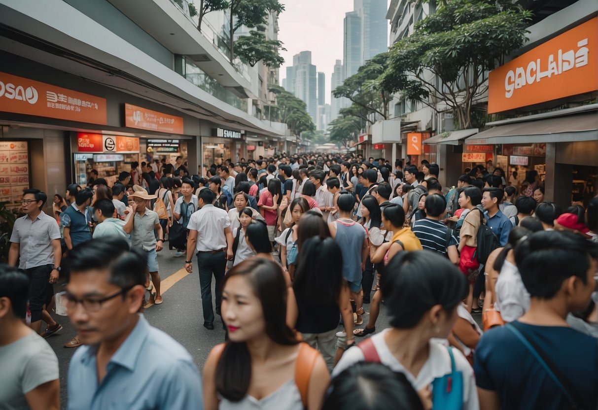 A crowded Singapore street with prominent GCash promotion banners and people lining up at participating stores