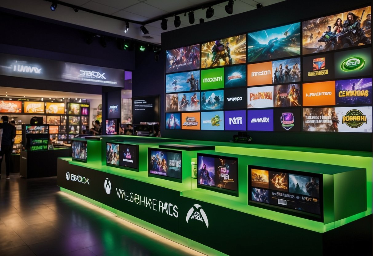 A vibrant display of Xbox promotions in Singapore, featuring colorful banners, interactive demos, and enthusiastic customers