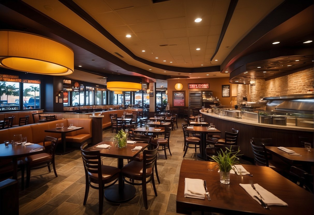 A vibrant restaurant setting with a prominent Tony Roma's logo and enticing promotional banners displayed throughout the space