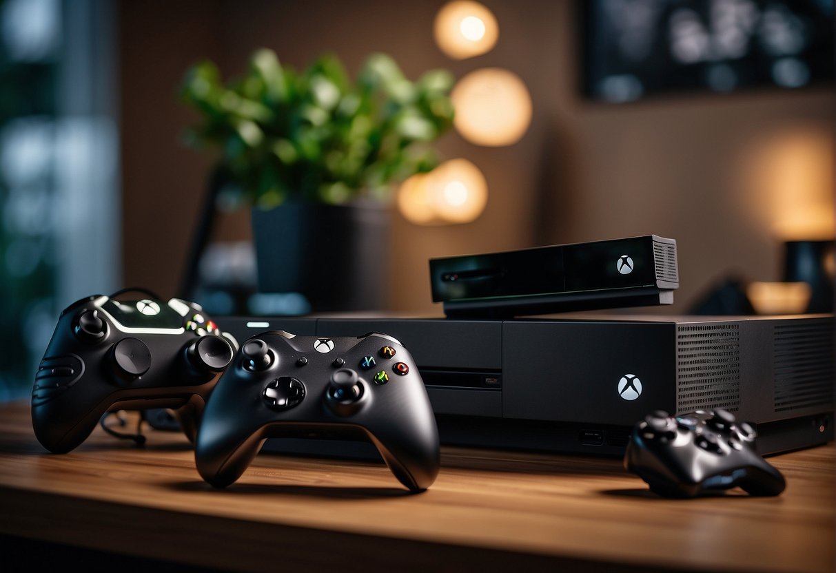An Xbox console surrounded by game controllers, headsets, and promotional materials for memberships in a Singapore setting