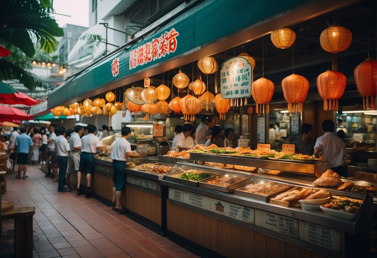 A bustling seafood restaurant in Singapore showcases Tung Lok's promotions with colorful banners and fresh seafood displays