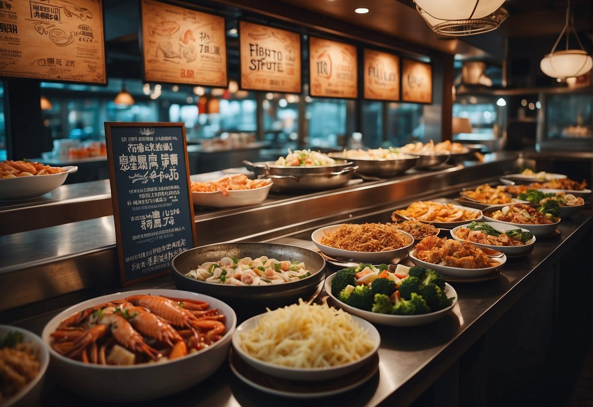 A table full of sumptuous seafood dishes with colorful promotional banners and signs adorning the restaurant
