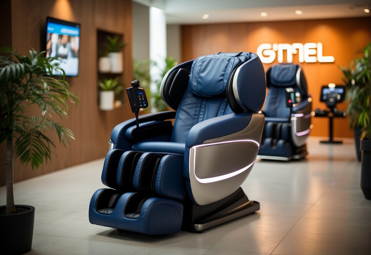 A vibrant display of Gintell promotions in Singapore, featuring sleek massage chairs and innovative fitness equipment. Vibrant colors and modern designs catch the eye