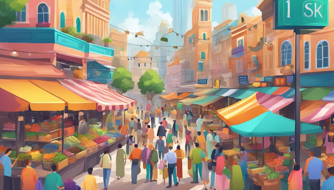 A vibrant marketplace with colorful signage and bustling activity