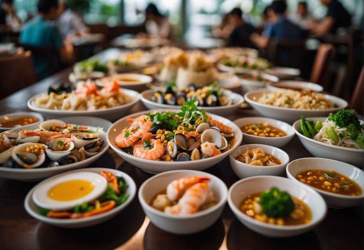 A table set with an array of fresh seafood dishes, surrounded by happy diners enjoying the luscious lunchtime deals at Tung Lok Seafood in Singapore